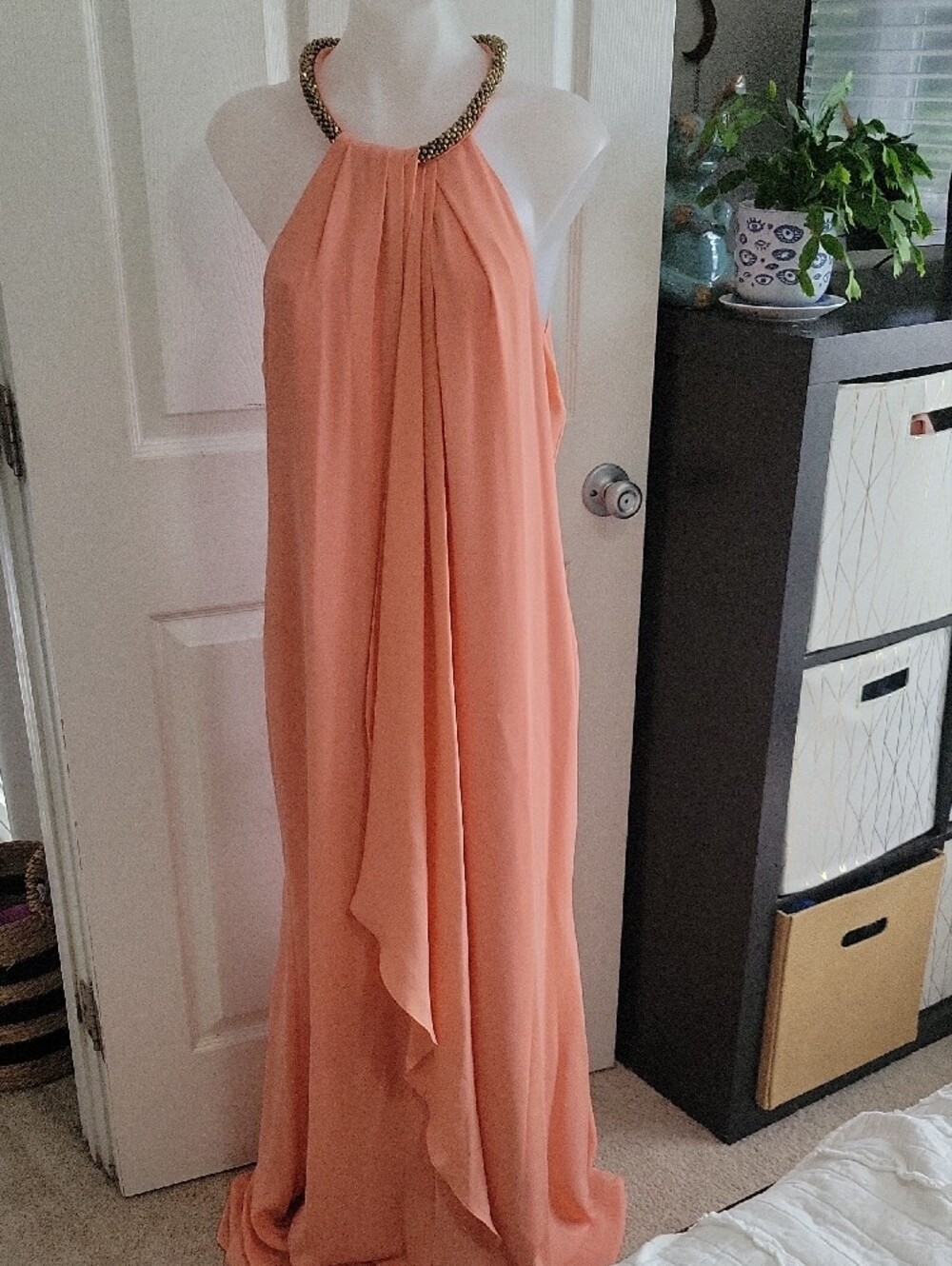 Calvin Klein Hand Beaded Halter Evening Gown Peach 14 NWT Flowy Stunning